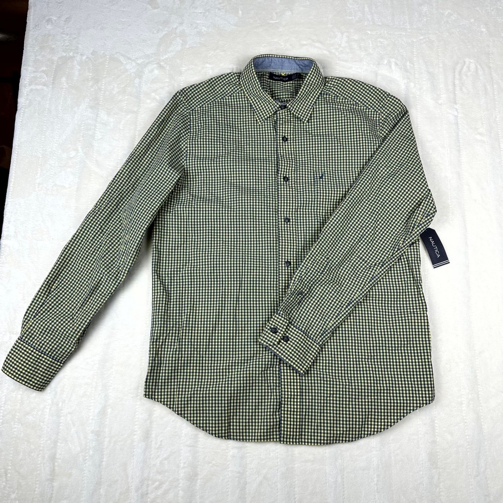 Nautica Mens‎ Medium Yellow Blue Gingham Button Down Shirt 100% Cotton NWT